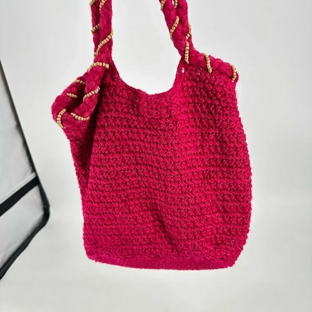 The Sak Women's Beaded Wrapped Handle knit Crochet Hobo Shoulder‎ Bag Pink Small
